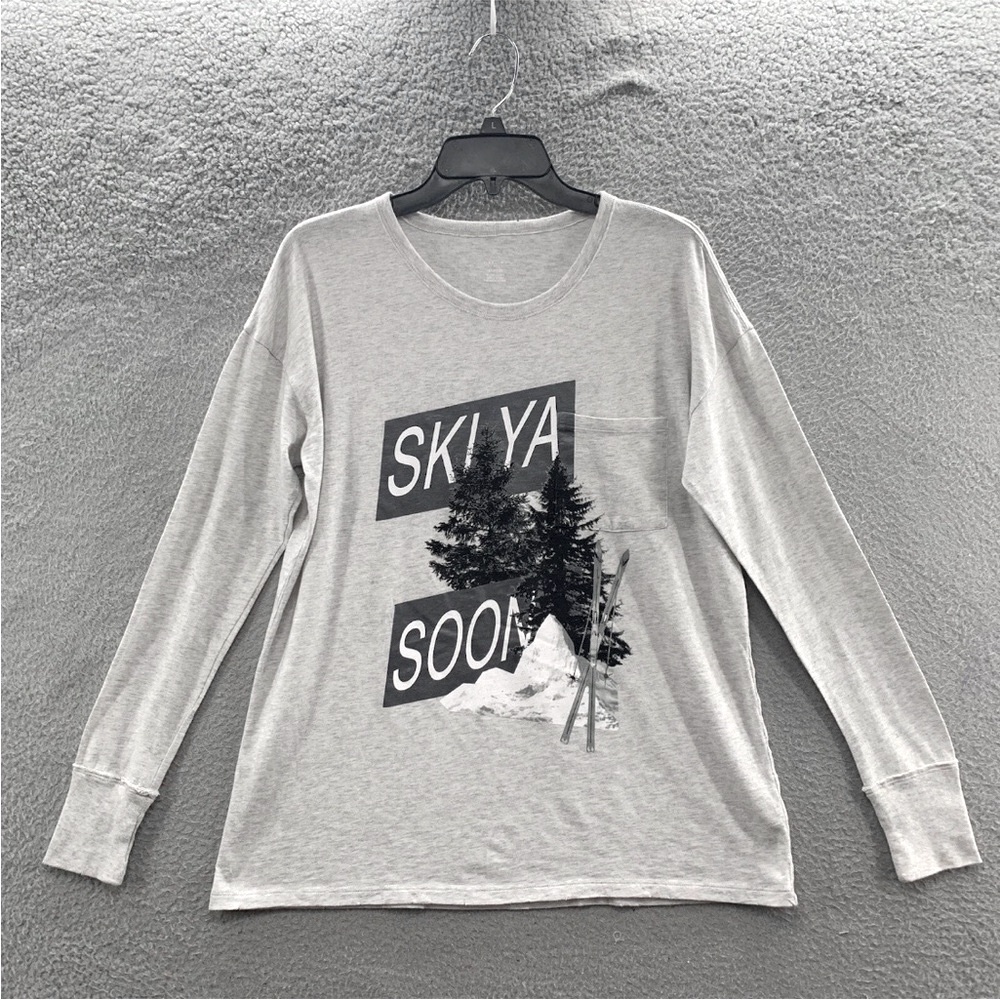 Aerie Offline Ski Ya Soon Heather Gray Pullover Long Sleeve Graphic Tee, Size M